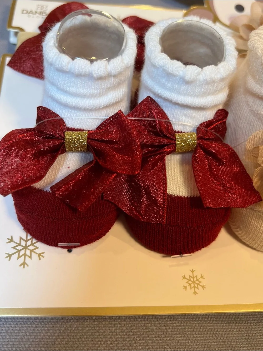 Baby Girls Bow & Flower Knit Socks & Headband 6 Piece Set - Red, Beige, Gold